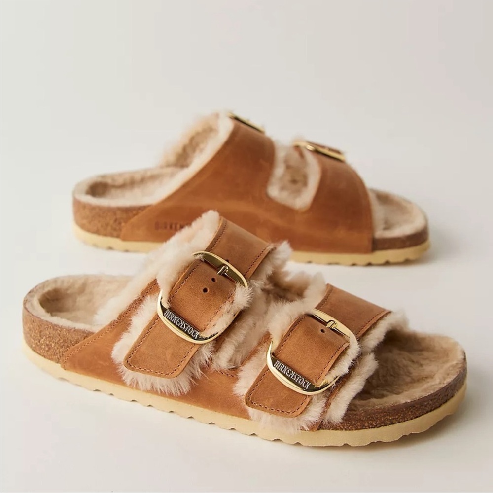 Birkenstock Arizona Big Buckle Shearling Oiled Leather Cognac - size 37 (6-6.5)